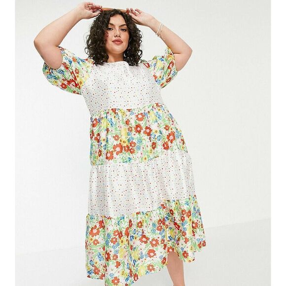 twisted Wunder Plus London Smock Midi dress 16 Mixed Patchwork Floral Dots - Picture 1 of 11